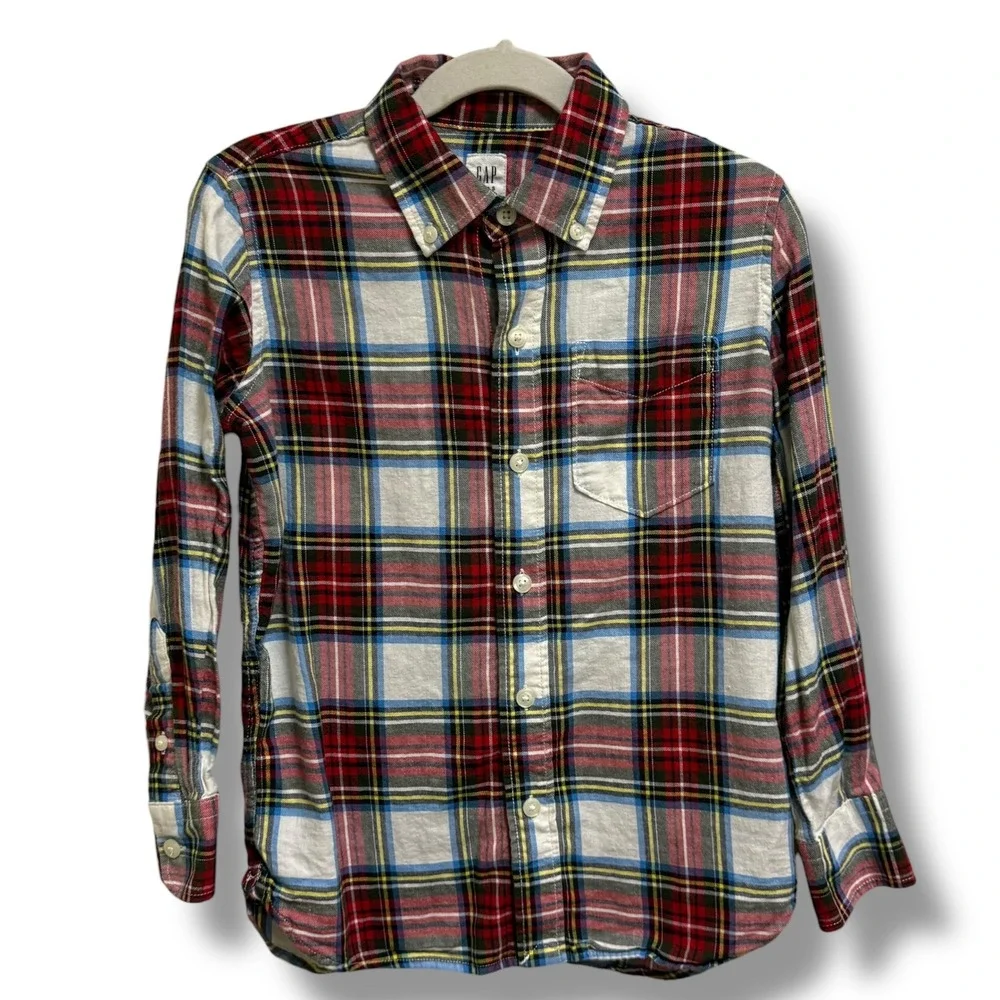 GAP Kids Plaid Long Sleeve Button Down Shirt Flannel S 6-7 Tartan‎ Red Blue